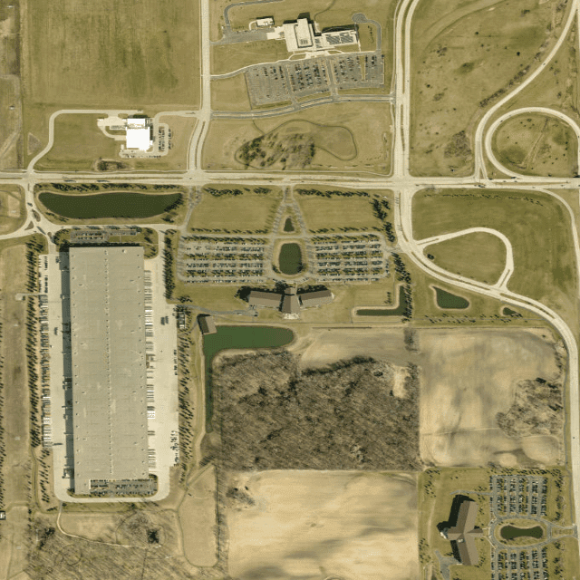 Uline's corporate campus at 12575 Uline Drive, Pleasant Prairie (Kenosha County), WI, from above — the company proposed a $120 million distribution center expansion in the county in May 2025.